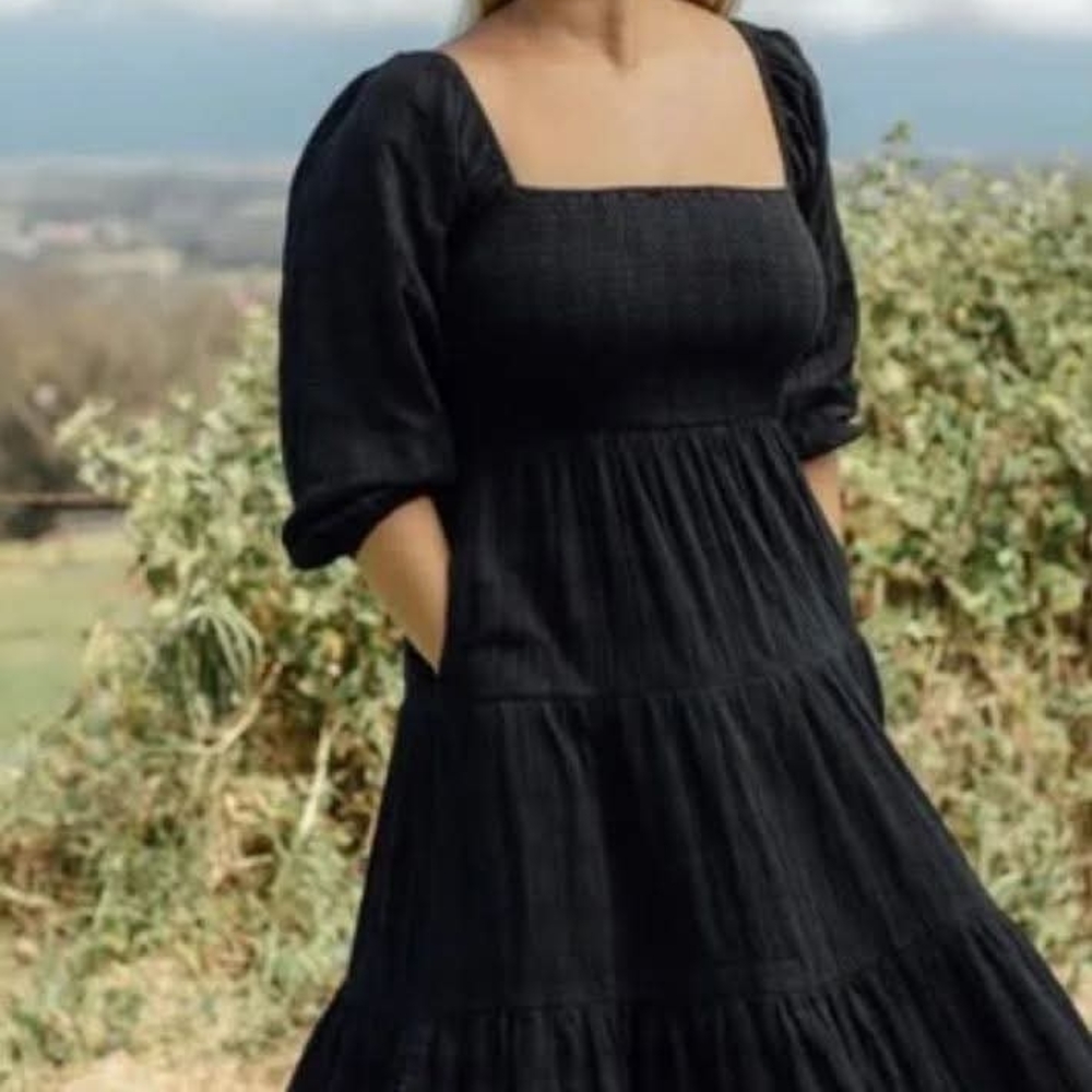 Black Smocked Tiered Sundress with Puff Sleeves